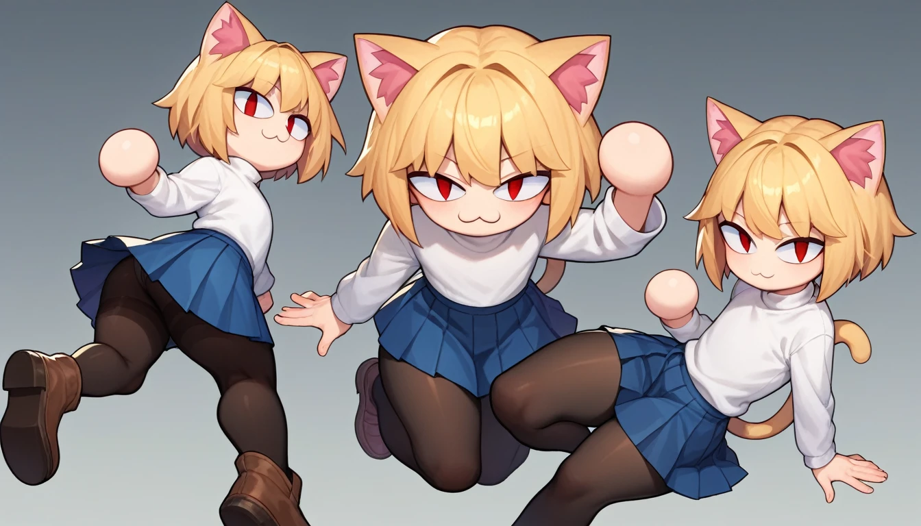 score_9, score_8_up, score_7_up, score_6_up, score_5_up, score_4_up, BREAK, 1boy, solo, necoarc, lit pupils, cat ears, blonde hair, red eyes, :3, turtleneck, blue skirt, pleated skirt, pantyhose, brown footwear, highlight thighs, thick thighs, seductive pose, (dynamic poses), looking at the viewer