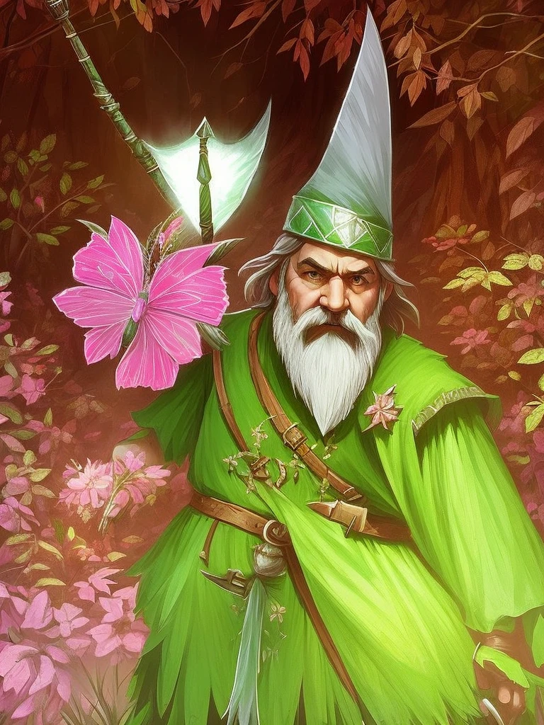 a little dwarf dressed in green, with a long white beard and stubble. a white pointed hat, he holds a pink butterfly catcher in his hand and uses it as a weapon. and is walking through the forest, darknes, horror, scary, dark, rpg
