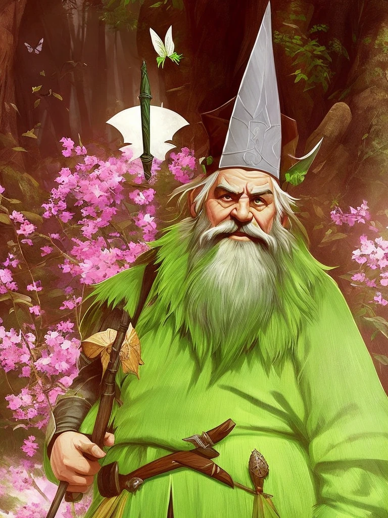 I need an elf (masculine) thin man with a long beard sitting under a mushroom, in green and brown clothes with a leprechaun hat, smoking a cigarette, I need it to be in an anime or drawing style and for the whole body