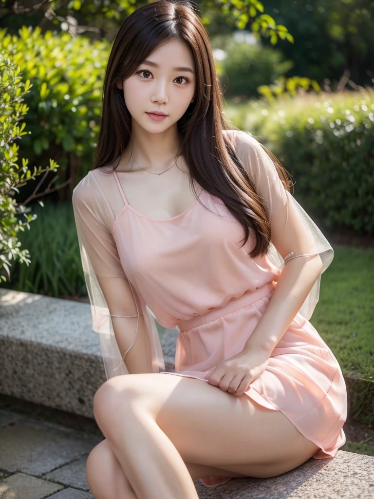 Salmon pink mid-length chemise dress、(Highest quality)、((Very detailed))、4K、(8K)、masterpiece、Very detailedな、Highest quality、Super Resolution、1 person、Kind Face、Soft Light、RAW quality、Soft Skin、163cm、Garden Terrace、30 years old、Thighs、Stretch your legs