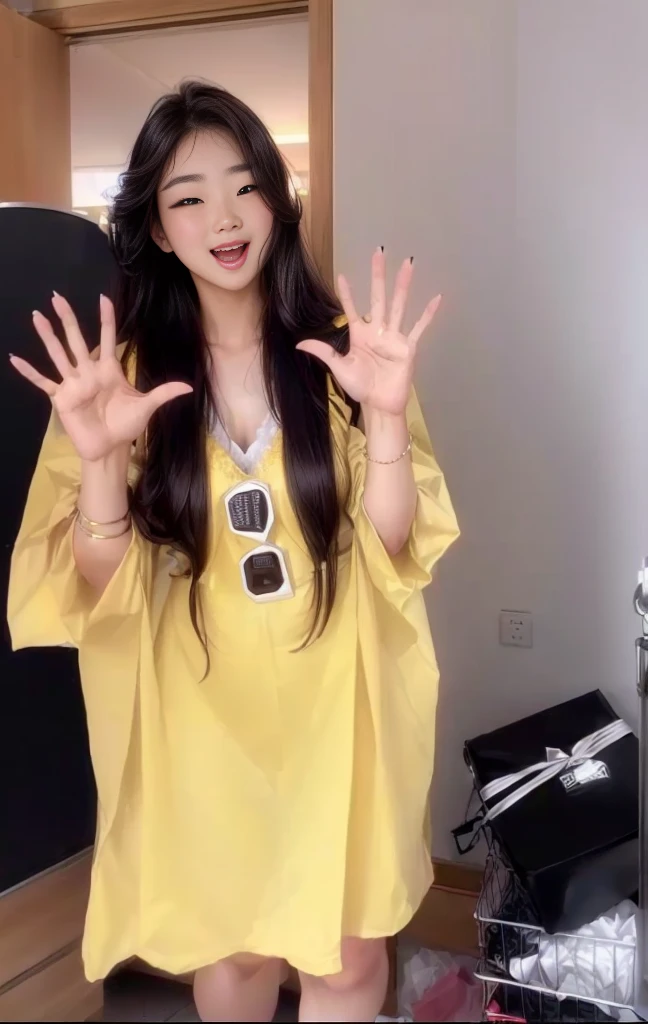 Beauty,Sexy,Clothes unchanged,Araffe woman in yellow shirt making funny expression with hands, With yellow cloth, Wearing wheat yellow gauze, V-neck dress, Clothes, Lady in dress, Ulzan, 穿着长而飘逸Clothes, 2020 fashion, Bae Suzy, 🐿🍸🍋, Full body fairy, Cheng Man Kit,