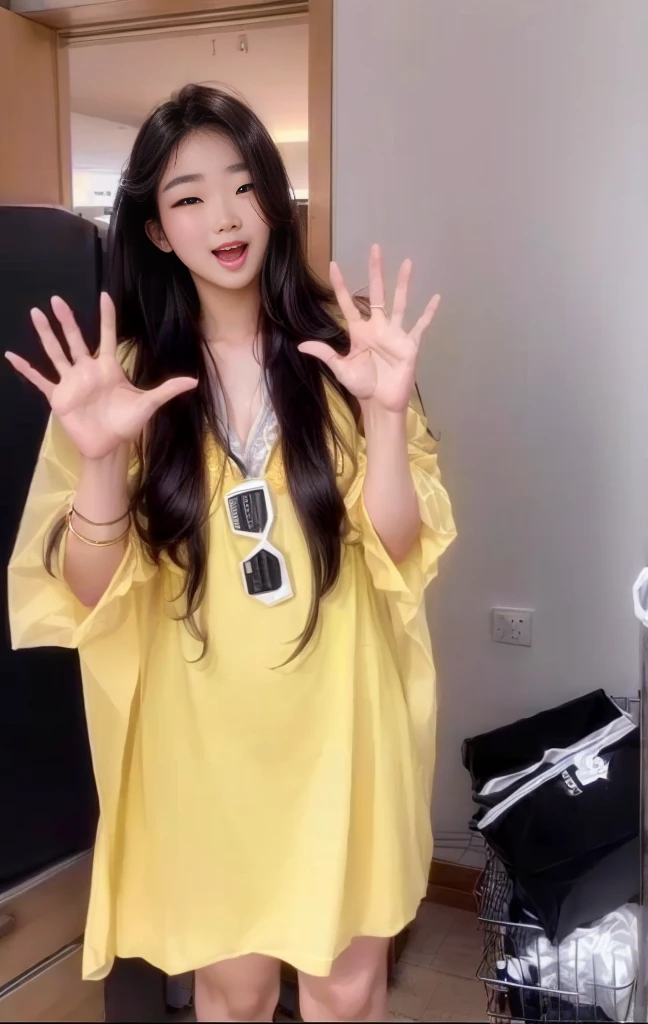 Beauty,Sexy,Clothes unchanged,Araffe woman in yellow shirt making funny expression with hands, With yellow cloth, Wearing wheat yellow gauze, V-neck dress, Clothes, Lady in dress, Ulzan, 穿着长而飘逸Clothes, 2020 fashion, Bae Suzy, 🐿🍸🍋, Full body fairy, Cheng Man Kit,