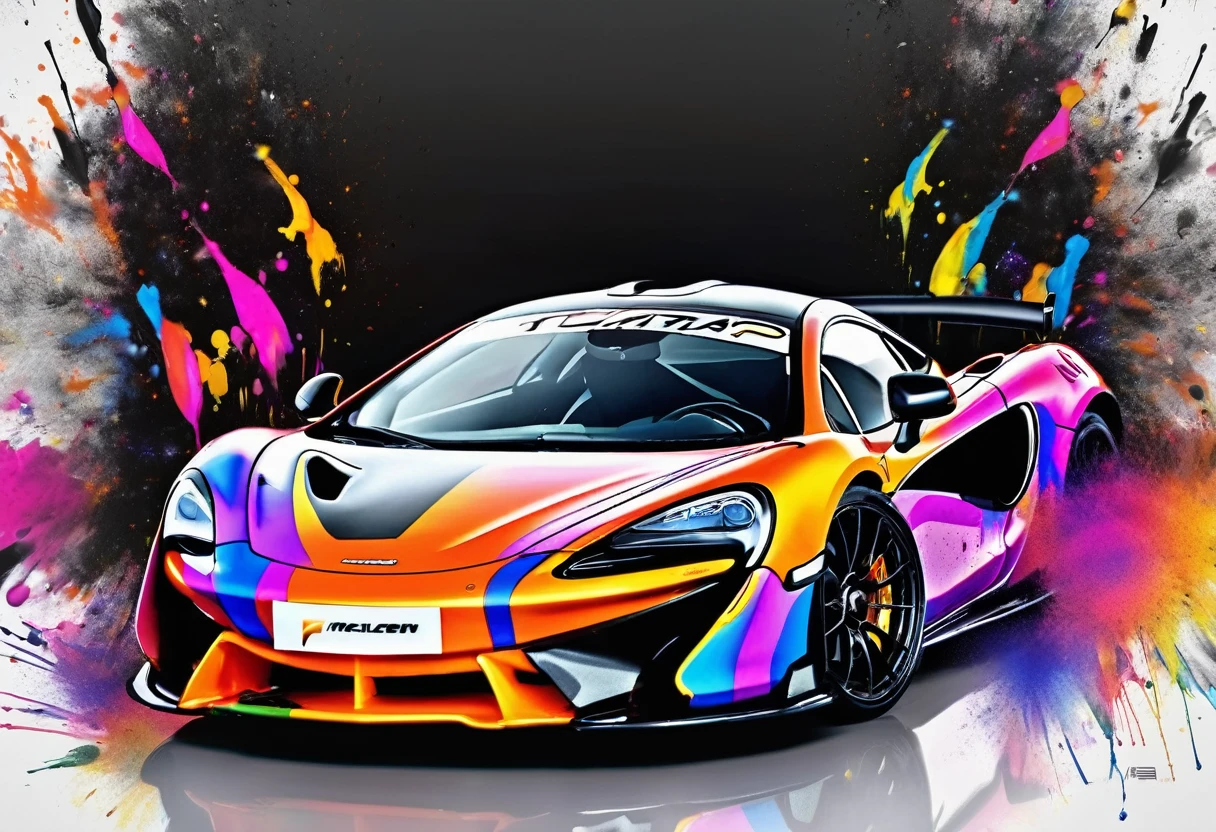 McLAREN 570S GT4, black backdrop, exploding paint, best qualityer, ultra detali, realisitic, portraits, swirly vibrant colors, studio lighting, sharp focus, physically based rendering, proffesional, bokeh