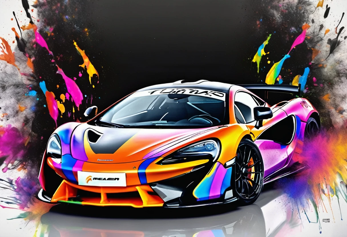 McLAREN 570S GT4, black backdrop, exploding paint, best qualityer, ultra detali, realisitic, portraits, swirly vibrant colors, studio lighting, sharp focus, physically based rendering, proffesional, bokeh