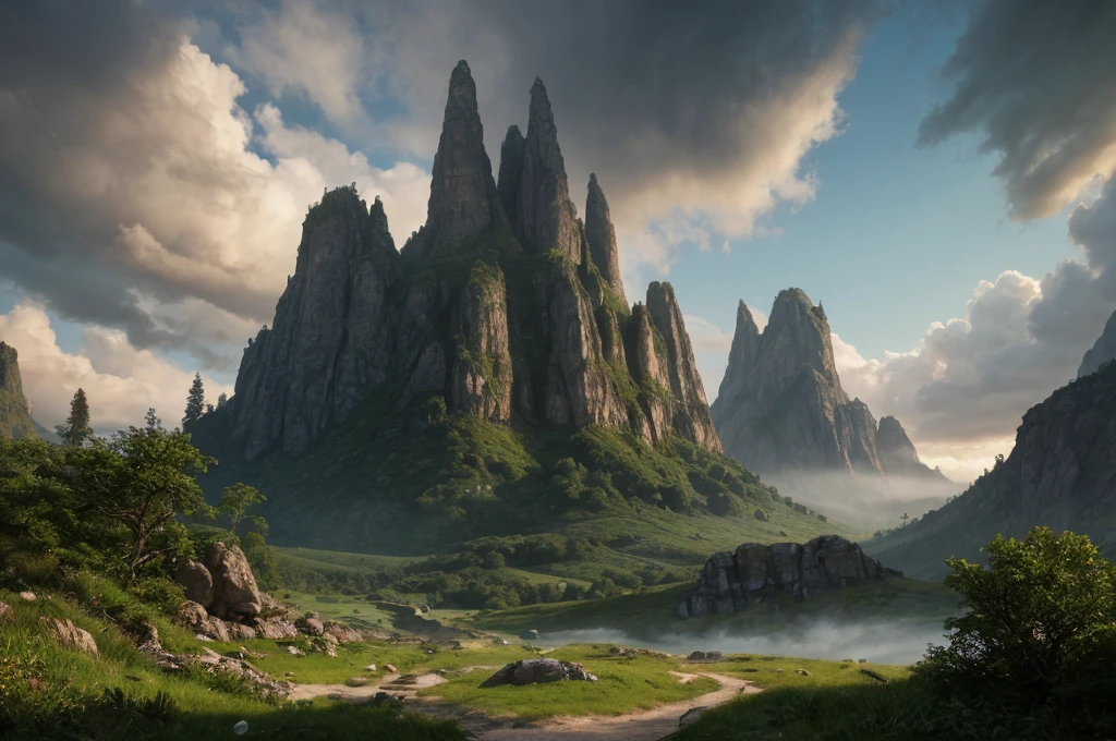 A detailed fantasy landscape, enchanted forests, majestic mountains, inspiré de Tolkien, à la manière de John Howe, digital painting, hyperrealistic, 8k, highly detailed, volumetric lighting, dramatic lighting, vibrant colors, lush vegetation, towering peaks, mystical atmosphere, cinematic composition, epic scale, intricate details, fantastical elements, photorealistic, masterpiece, forteresse perchée