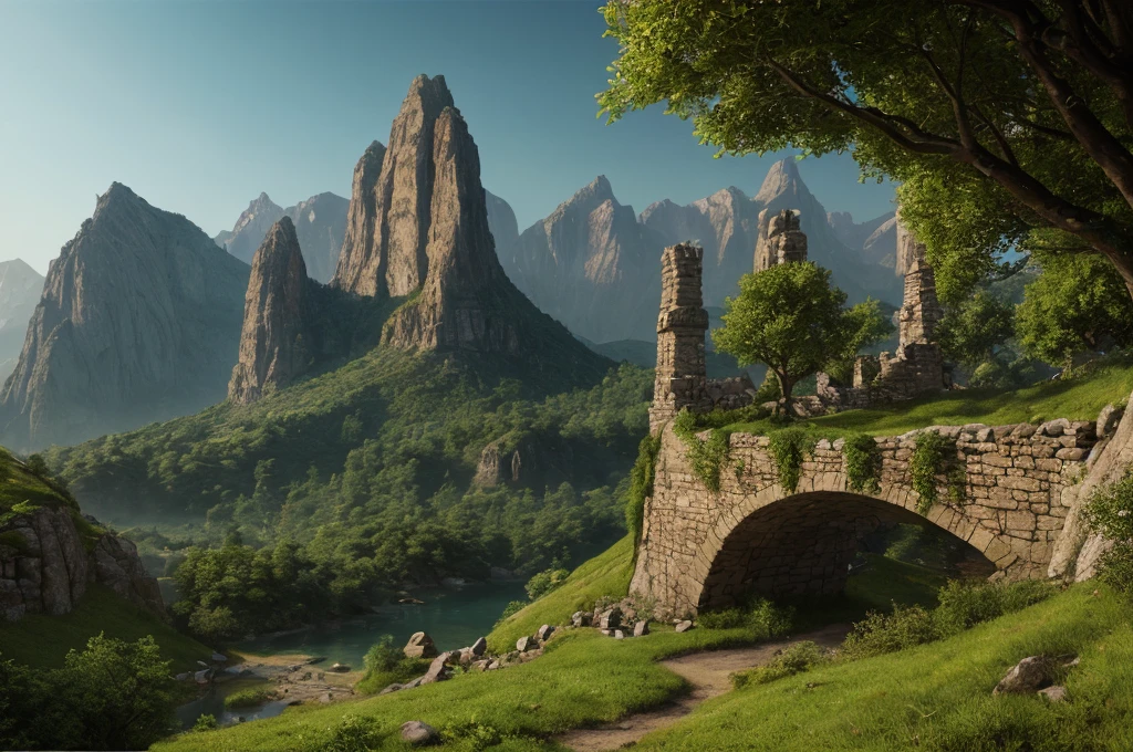 A detailed fantasy landscape, enchanted forests, majestic mountains, inspiré de Tolkien, à la manière de John Howe, digital painting, hyperrealistic, 8k, highly detailed, volumetric lighting, dramatic lighting, vibrant colors, lush vegetation, towering peaks, mystical atmosphere, cinematic composition, epic scale, intricate details, fantastical elements, photorealistic, masterpiece, forteresse perchée