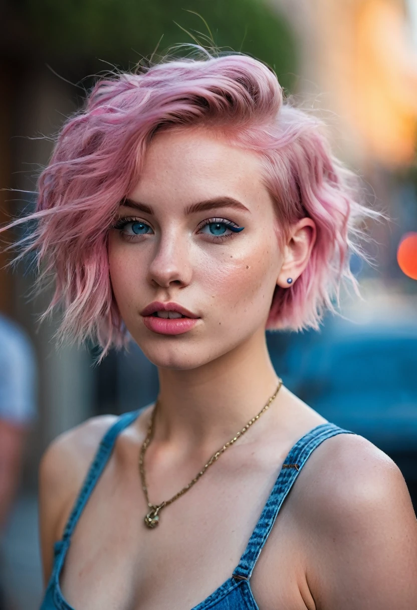 gritty candid raw full-body photo of a young 20-year-old beautiful woman, big lips, full body, high cheekbones, playful, American, busty, short pink hair, blue eyes, realistic skin texture, very tall and athletic, boho-chic, flawed skin, shot with Sony Alpha A6500 1.4f, bokeh, highly detailed, masterpiece