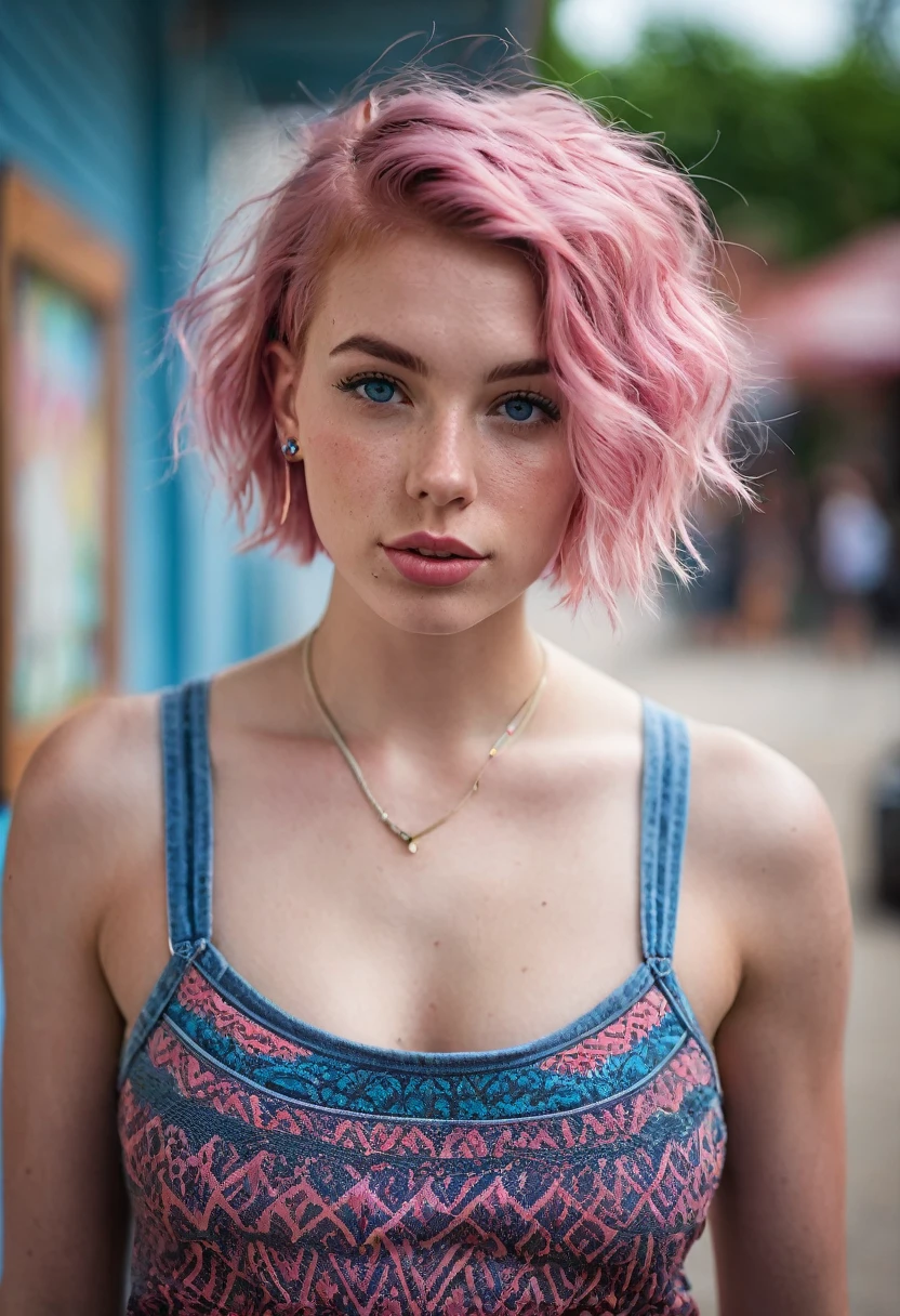 gritty candid raw full-body photo of a young 20-year-old beautiful woman, big lips, full body, high cheekbones, playful, American, busty, short pink hair, blue eyes, realistic skin texture, very tall and athletic, boho-chic, flawed skin, shot with Sony Alpha A6500 1.4f, bokeh, highly detailed, masterpiece