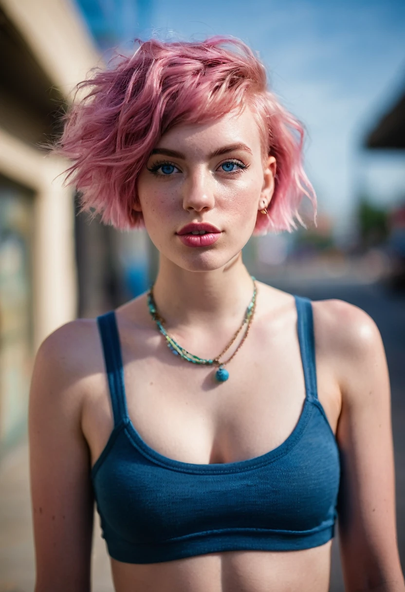 gritty candid raw full-body photo of a young 20-year-old beautiful woman, big lips, full body, high cheekbones, playful, American, busty, short pink hair, blue eyes, realistic skin texture, very tall and athletic, boho-chic, flawed skin, shot with Sony Alpha A6500 1.4f, bokeh, highly detailed, masterpiece