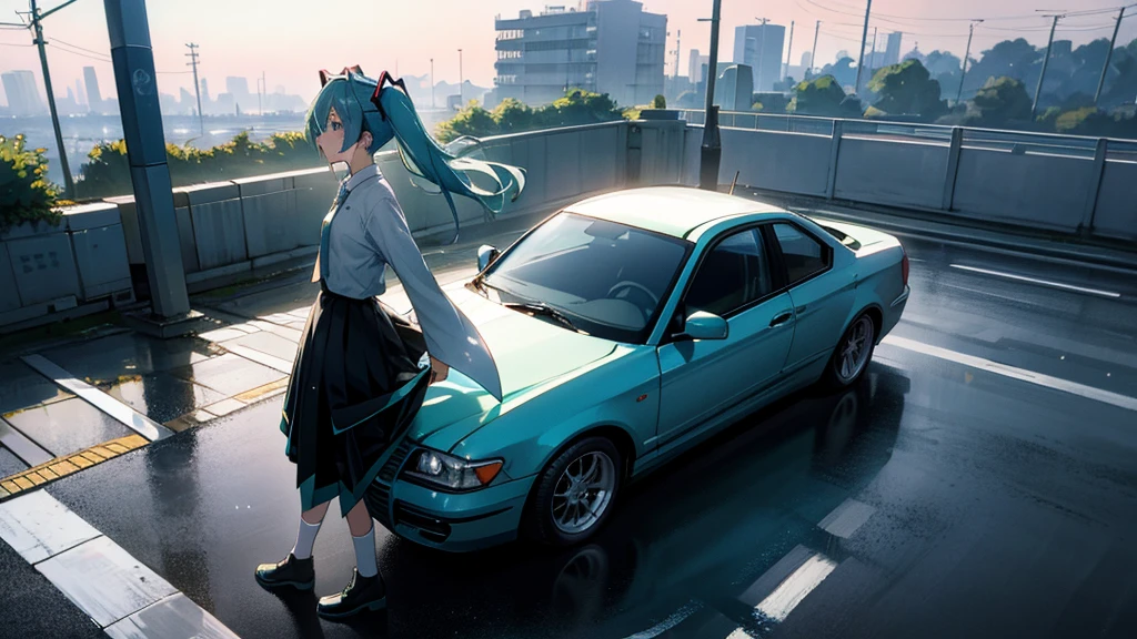 Hatsune Miku、Under the moon、Standing near the car