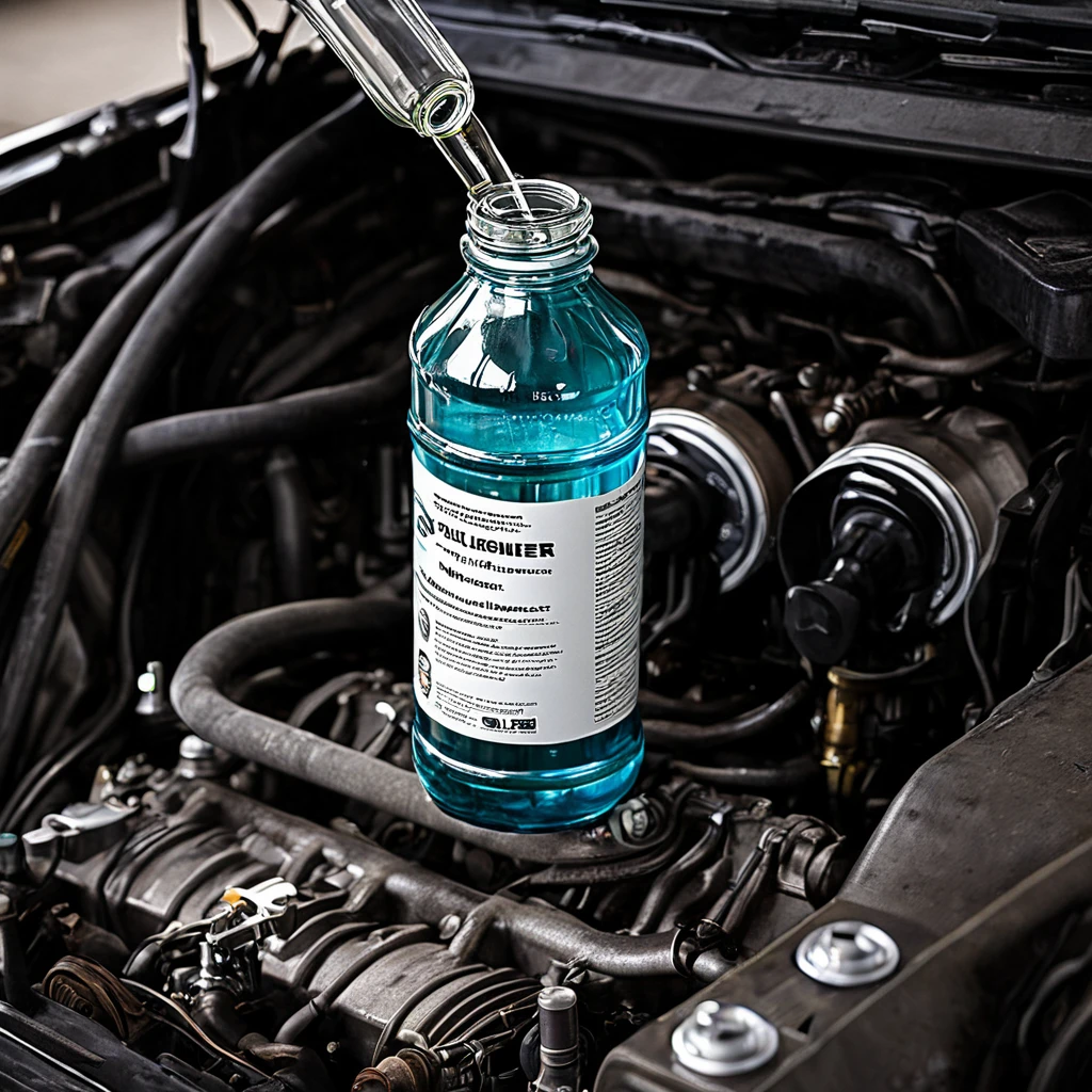 additive in a small glass bottle poured into the engine