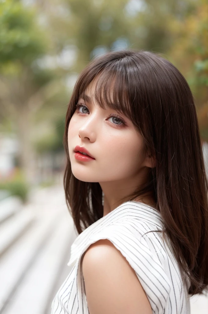 beautiful, light grey eyes, (best quality, ultra-detailed), (realistic:1.37), beautiful and detailed face, ultra-realistic texture, delicate face, delicate body, red lipstick, bright colors. High definition, 8K.