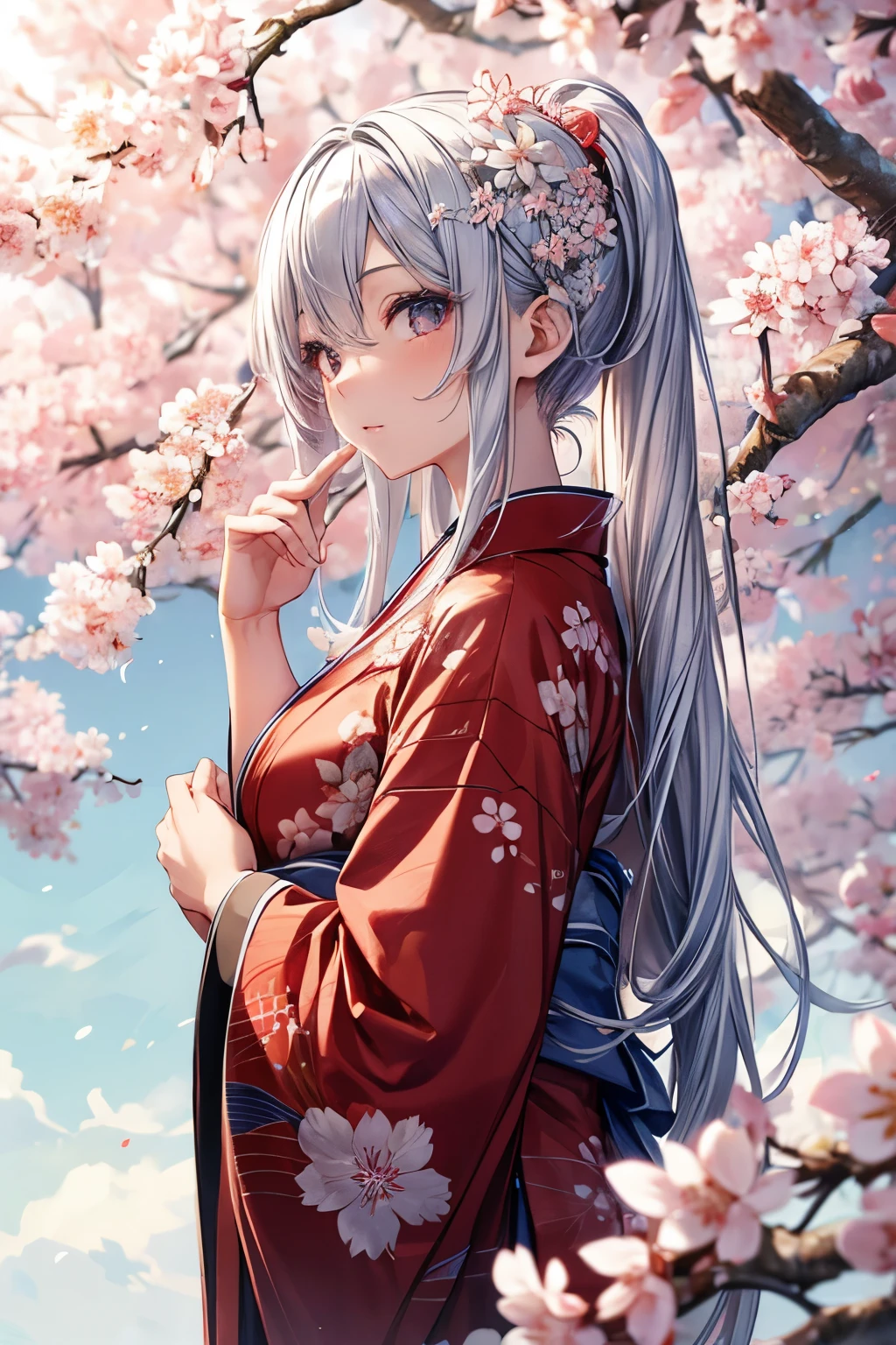 masterpiece,Highest quality,Very detailed,A beautiful girl with silver hair looking up at the sky,Beautiful and detailed eyes,Beautiful red kimono,skinny,Small breasts,Cherry blossom trees