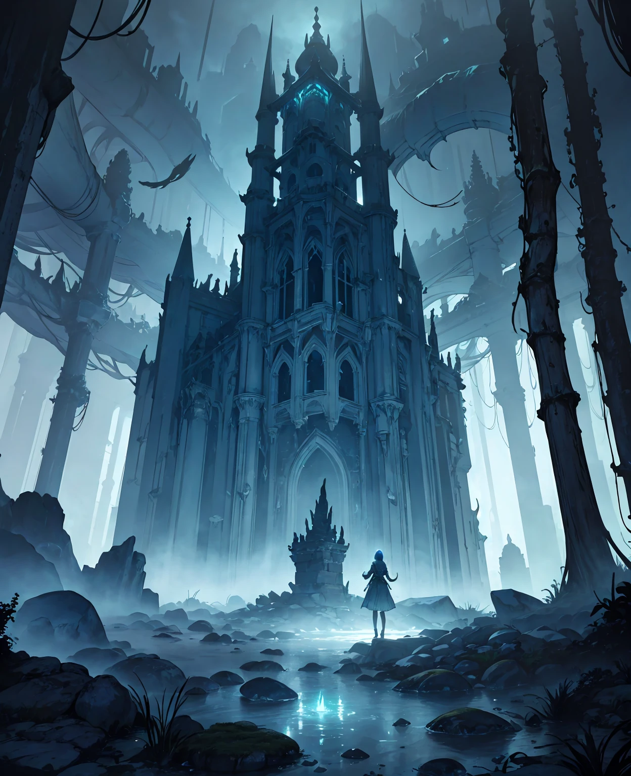 A serene silver moonlit dungeon, ornate intricate stone walls, glowing luminous mushrooms, ethereal mist, eerie atmosphere, floating crystalline structures, abandoned ancient architecture, moody dramatic lighting, mystical fantasy landscape, stunning cinematic composition, muted tones, photorealistic, 8k, hyper detailed