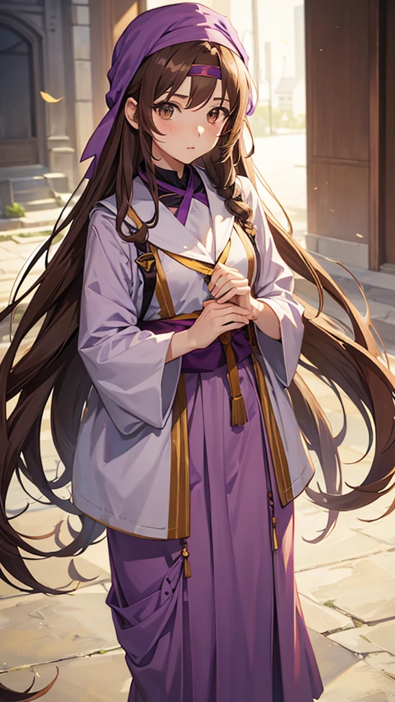 An anime girl in a lavender Clan outfit, with long, loose brown hair and brown eyes and a bandana on her forehead 