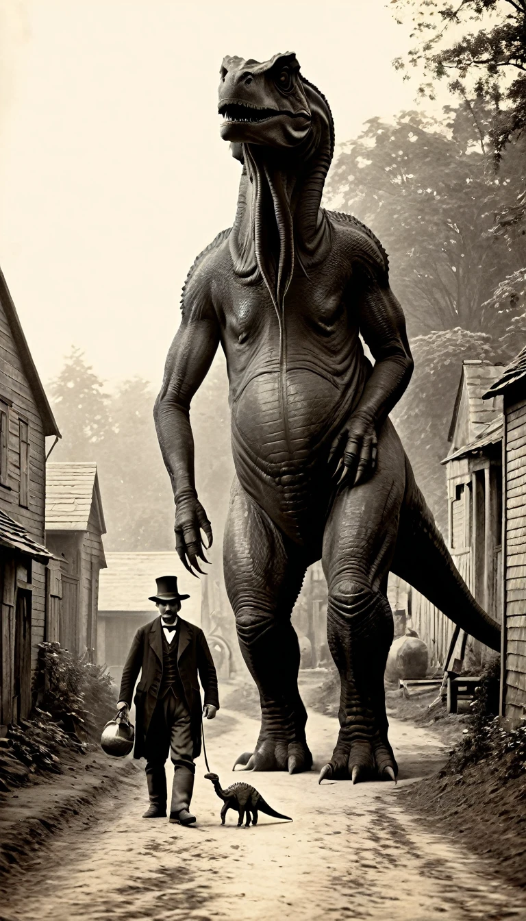 1850 s village man with his pet big dinosaur walking old photo style