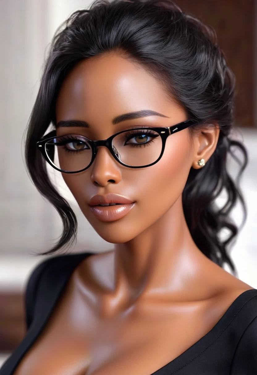 realistic professional photography; (masterpiece, best quality:1.5), wavy hair executive, solitary, wearing rounded eyeglasses, exquisite eyes, delicate long wavy black hair, charming eye shadow (black person:1.2), (dark skin:1.2), african woman, (Smooth skin:1.2), (wearing an executive suit with open neckline:1.2), slender body proportions, Wet sexy plump lips, Long legs, Perfect fingers, High heel, (Back pose 1.2), (Rear view 1.2) 