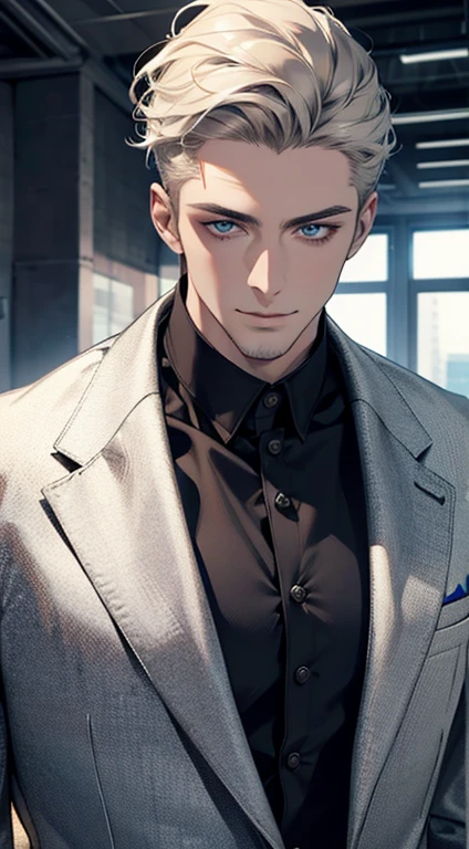 (best quality,4k,8k,highres,masterpiece:1.2),ultra-detailed,(realistic,photorealistic,photo-realistic:1.37),1 man,31 years old,mature man,very handsome,without expression,smile,short grey golden hair,blue eyes,penetrating gaze,perfect face without errors,imposing posture,businessman,office background,cinematic lighting,hdr image