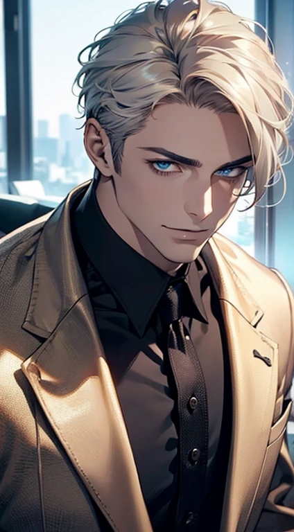(best quality,4k,8k,highres,masterpiece:1.2),ultra-detailed,(realistic,photorealistic,photo-realistic:1.37),1 man,31 years old,mature man,very handsome,without expression,smile,short grey golden hair,blue eyes,penetrating gaze,perfect face without errors,imposing posture,businessman,office background,cinematic lighting,hdr image