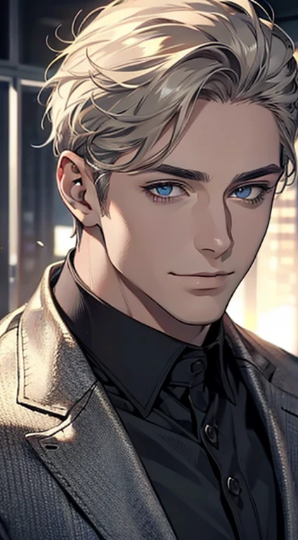 (best quality,4k,8k,highres,masterpiece:1.2),ultra-detailed,(realistic,photorealistic,photo-realistic:1.37),1 man,31 years old,mature man,very handsome,without expression,smile,short grey golden hair,blue eyes,penetrating gaze,perfect face without errors,imposing posture,businessman,office background,cinematic lighting,hdr image