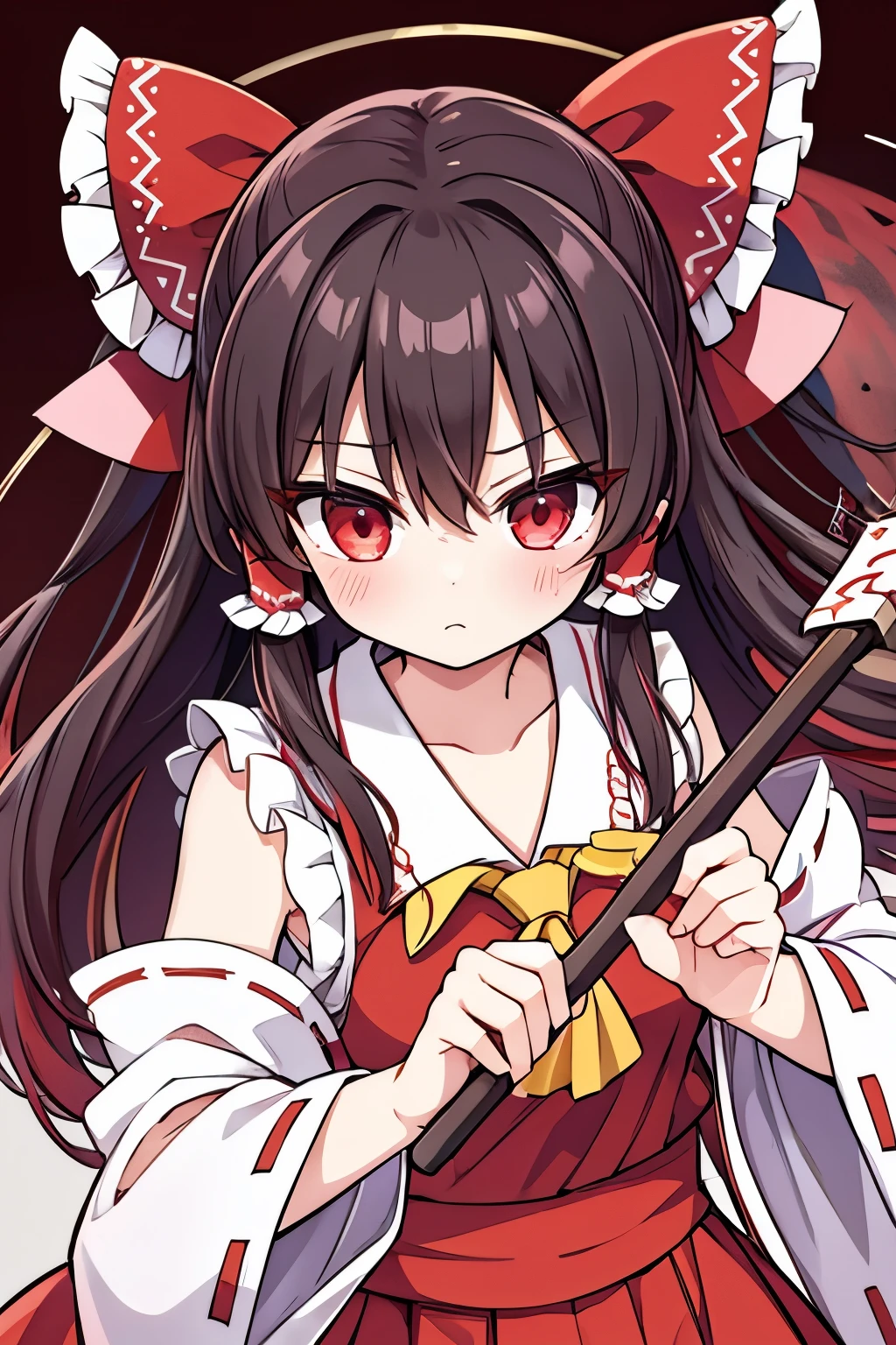 Hakurei Reimu holding an exorcist stick with a determined look in her eyes. The red mist changes to the mist lake.