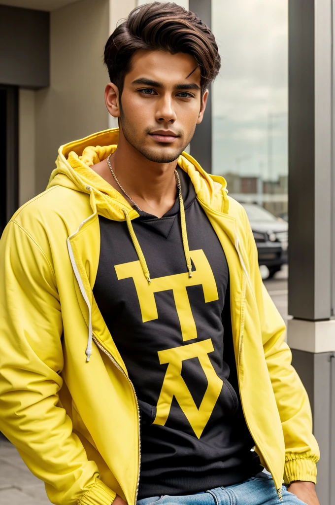 He handsome boy wearing a yellow colour hoodie jacket he is looking realistic.