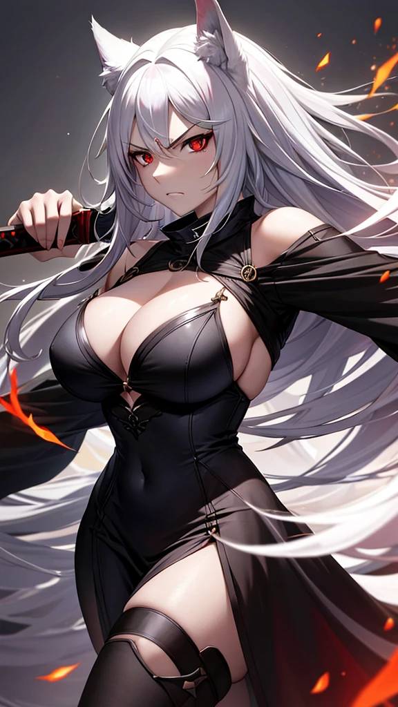 An adult woman half fox and wolf, wide breasts, red eyes, white hair, very angry, in a black little open dress, holding a sword