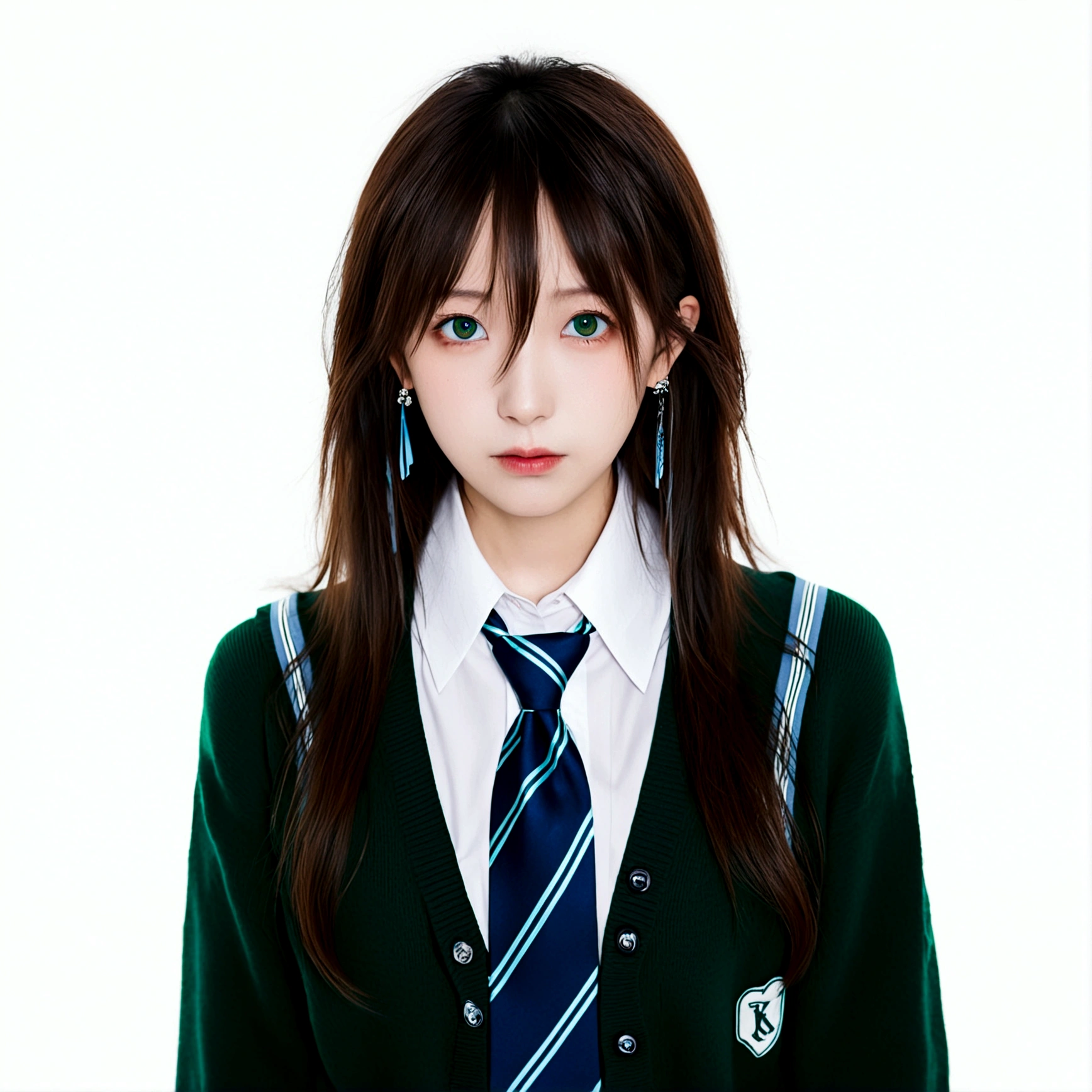 1girl, solo, long hair, looking at viewer, bangs, simple background, brown hair, shirt, long sleeves, jewelry, school uniform, green eyes, white shirt, upper body, earrings, necktie, aqua eyes, cardigan, black background, striped necktie, shibuya rin