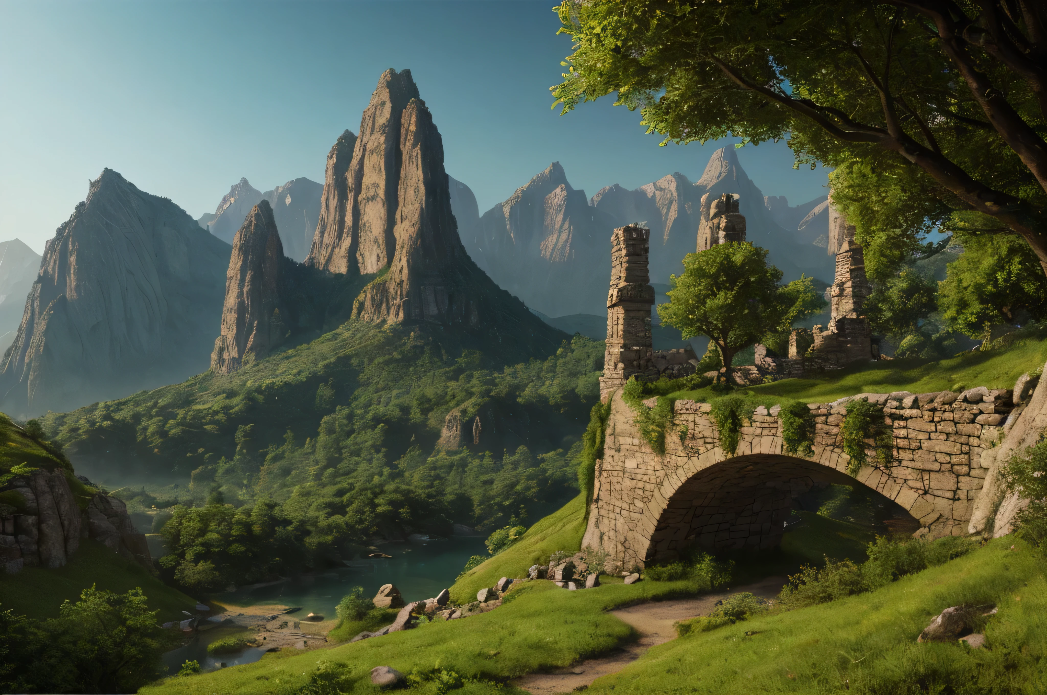 A detailed fantasy landscape, enchanted forests, majestic mountains, inspiré de Tolkien, à la manière de John Howe, digital painting, hyperrealistic, 8k, highly detailed, volumetric lighting, dramatic lighting, vibrant colors, lush vegetation, towering peaks, mystical atmosphere, cinematic composition, epic scale, intricate details, fantastical elements, photorealistic, masterpiece, forteresse perchée