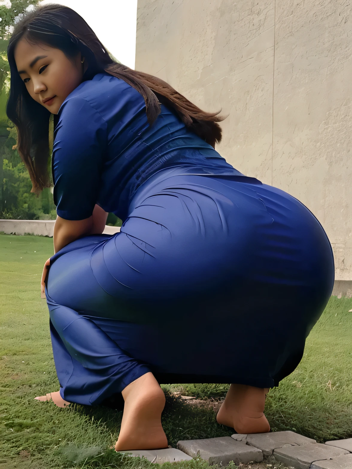 (realistic), (detailed), (accurate), asian woman laying down on her knees in a maxi dress, rear view, yoga posture ,widest sized hips,bend down,tight outfit,widest buttock,accentuated body,tight skirt,very tight skirt
