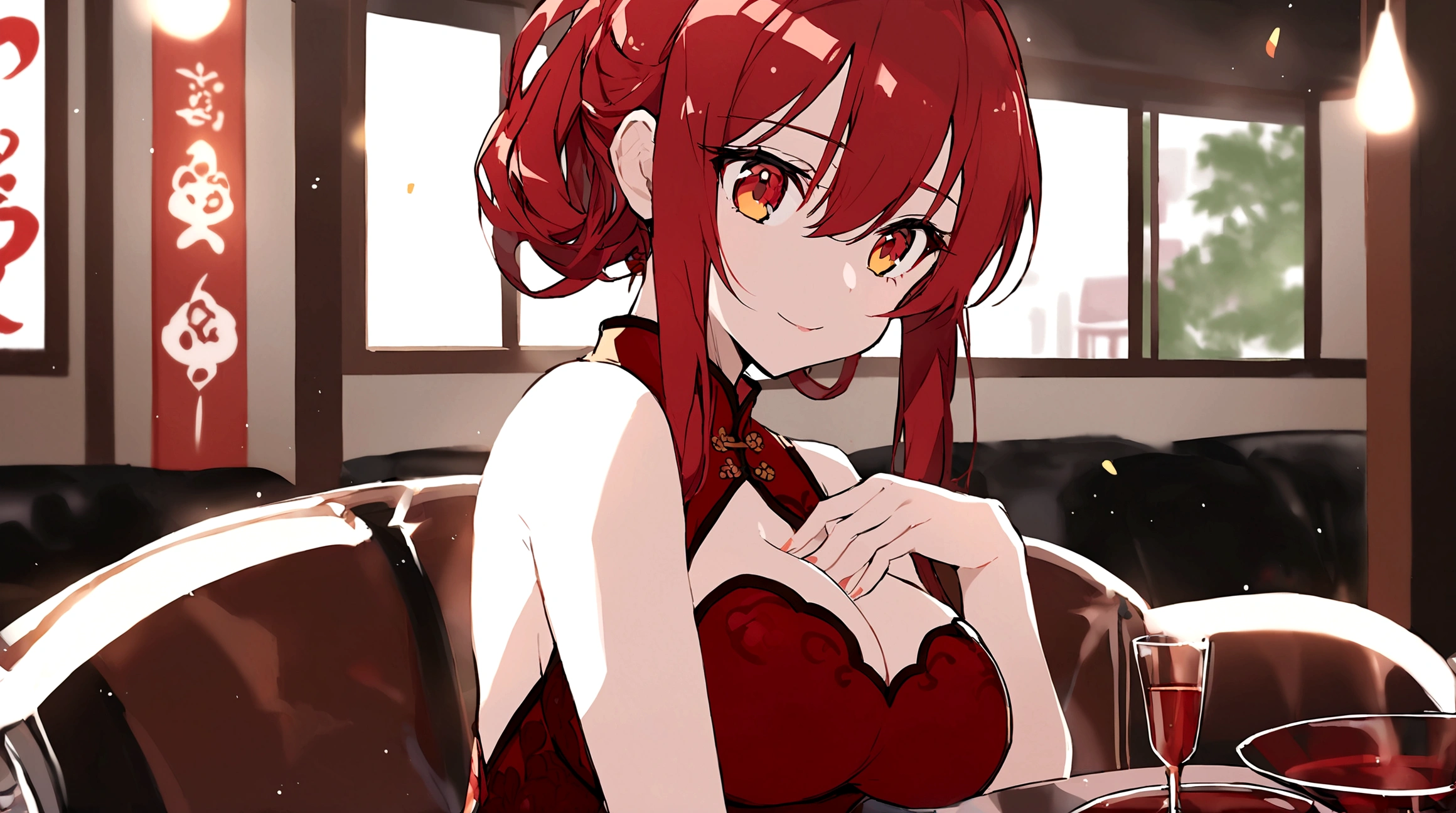 Uma personagem chibi usando chinese outfit. she has long red hair. She has RED AND GOLDEN eyes. She has big breasts. white background