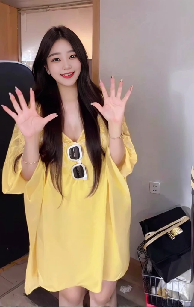 Beauty，Sexy，Clothes unchanged，Araffe woman in yellow shirt making funny expression with hands, With yellow cloth, Wearing wheat gauze, V-neck dress, Clothes, Lady in dress, Ulzan, 穿着长而飘逸Clothes, 2020 fashion, Bae Suzy, 🐿🍸🍋, Full body fairy, Cheng Man Kit，