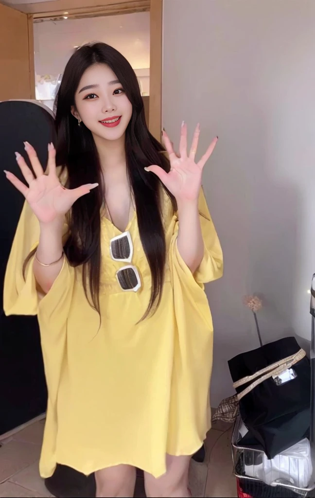Beauty，Sexy，Clothes unchanged，Araffe woman in yellow shirt making funny expression with hands, With yellow cloth, Wearing wheat gauze, V-neck dress, Clothes, Lady in dress, Ulzan, 穿着长而飘逸Clothes, 2020 fashion, Bae Suzy, 🐿🍸🍋, Full body fairy, Cheng Man Kit，