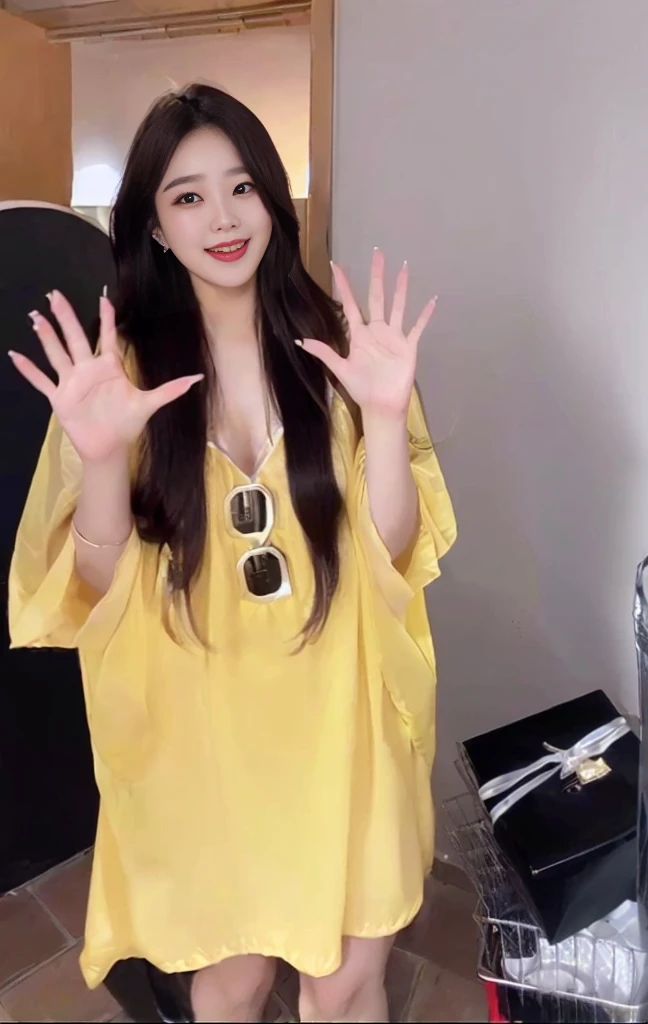 Beauty，Sexy，Clothes unchanged，Araffe woman in yellow shirt making funny expression with hands, With yellow cloth, Wearing wheat gauze, V-neck dress, Clothes, Lady in dress, Ulzan, 穿着长而飘逸Clothes, 2020 fashion, Bae Suzy, 🐿🍸🍋, Full body fairy, Cheng Man Kit，