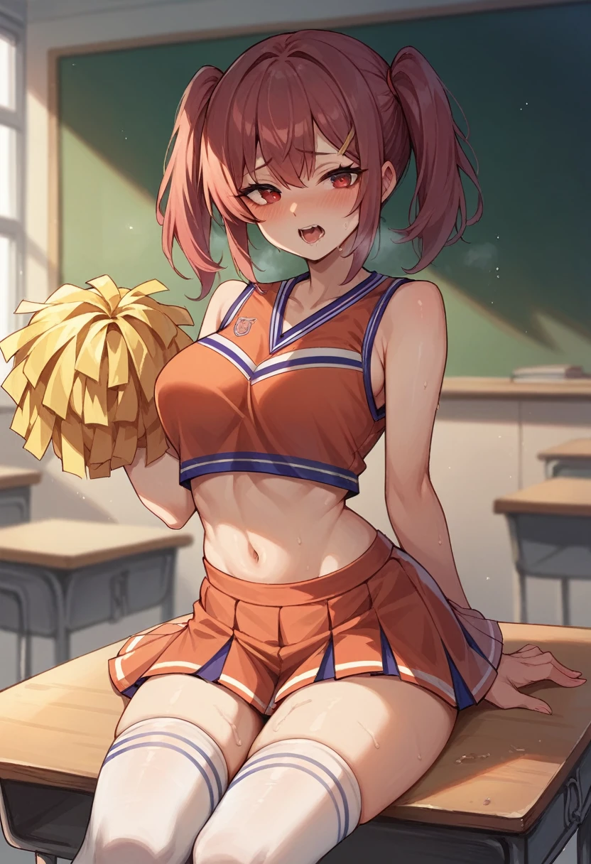 2 Cheerleader outfit, having sex, enjoying , red eyes, in classroom, 