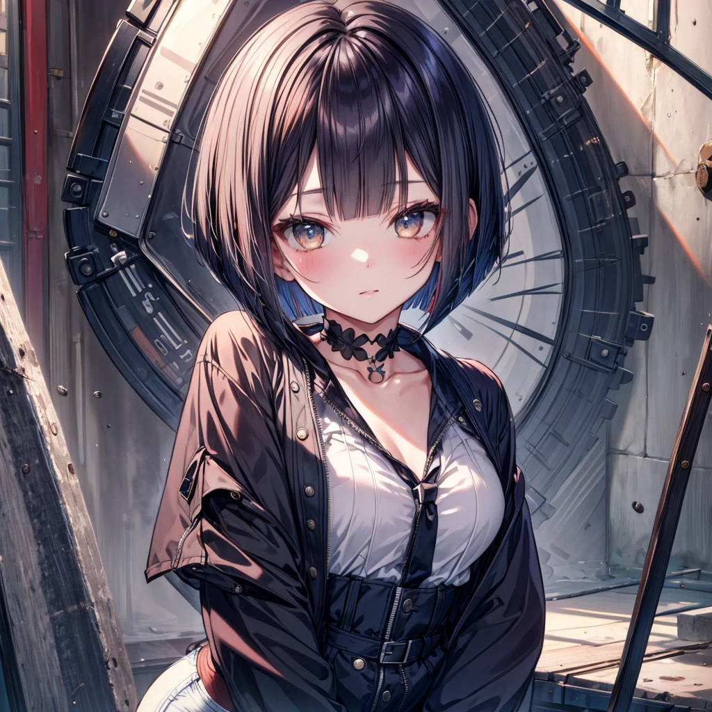 ((Highest quality)), ((masterpiece)), (detailed), 1girl, 独奏, bob cut, shirt, jacket, micro shorts, choker