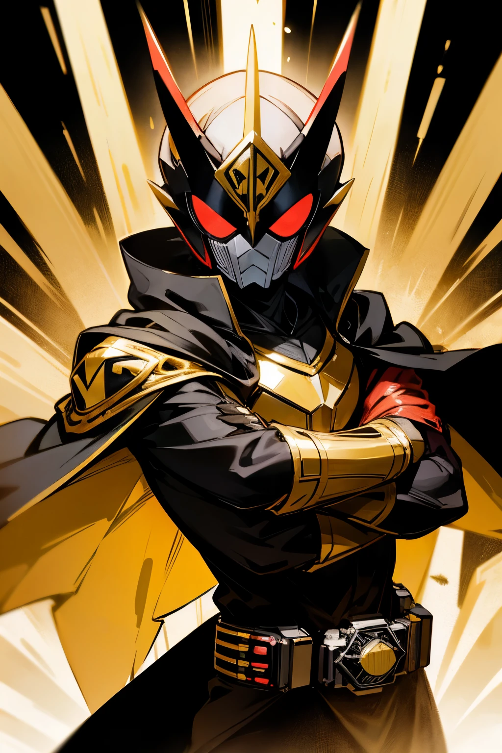 Kamen Rider, a giant demon, gold and black, with a cloak.