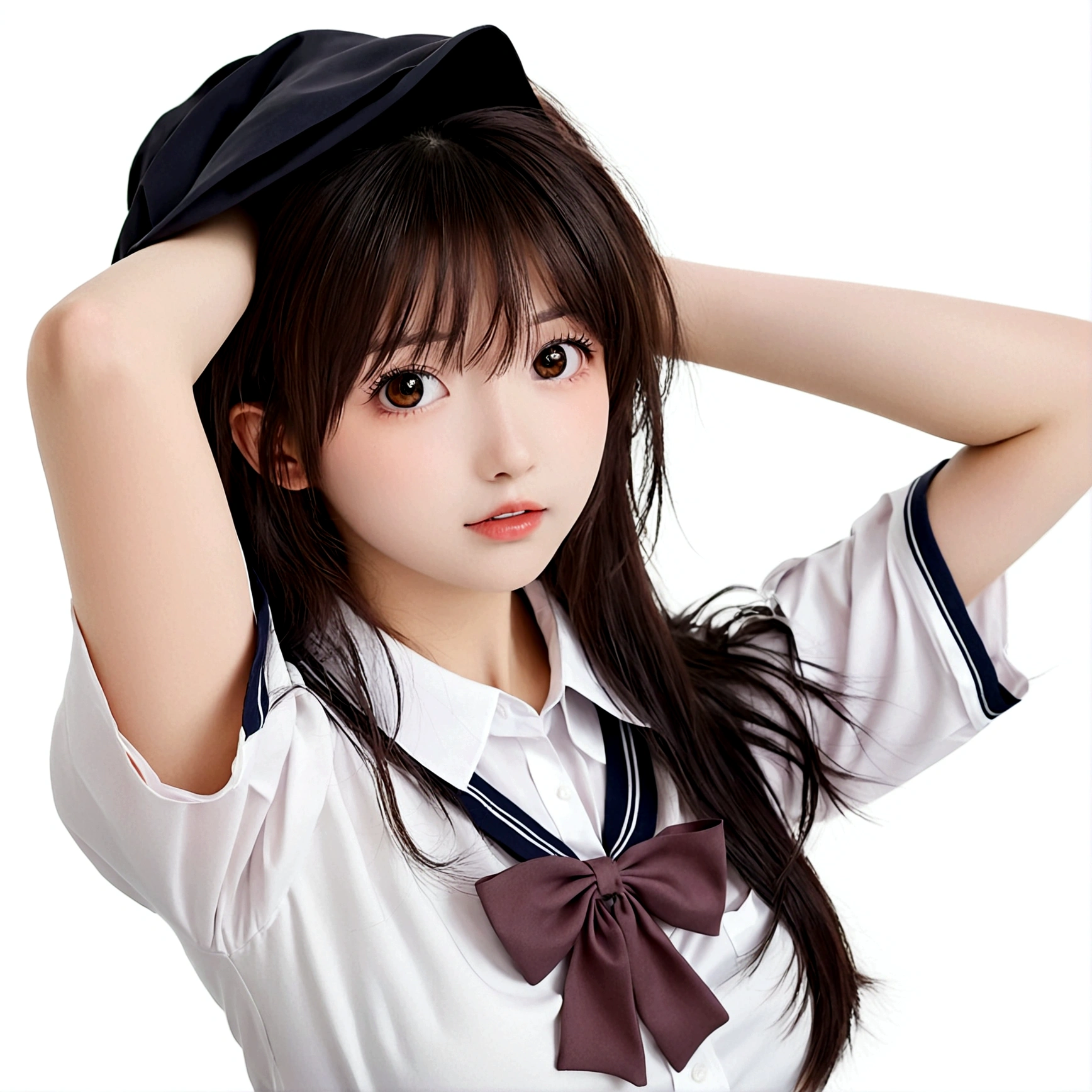 1girl, solo, long hair, breasts, looking at viewer, blush, open mouth, bangs, simple background, brown hair, shirt, white background, bow, brown eyes, medium breasts, school uniform, collarbone, white shirt, upper body, short sleeves, collared shirt, bowtie, :o, arms up, sweater, undressing, black sweater, brown bow