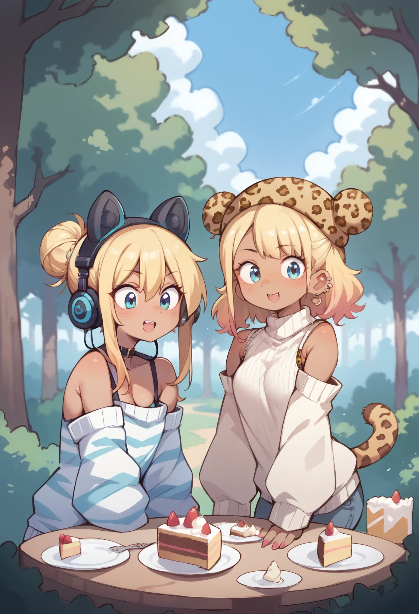 curvy women, orenji, cake, gyaru, fur hat, tree, detached sleeves, white sweater, hair bun, medium hair, striped shirt, headphones, multiple girls, leopard print, hair behind ear