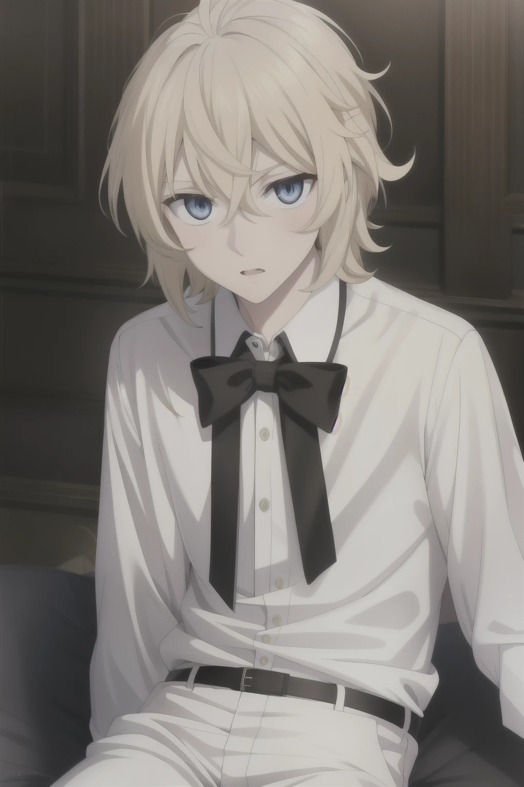 masterpiece, best quality, highres, high quality, 1boy, solo, male focus, looking at viewer, upper body,  hair, realistic, mikaela, blonde,blue eyes,Shoulder length hair, hair,messy hair,18 years old,white shirt, black trousers,black tie ,Surprised expression, looking away 