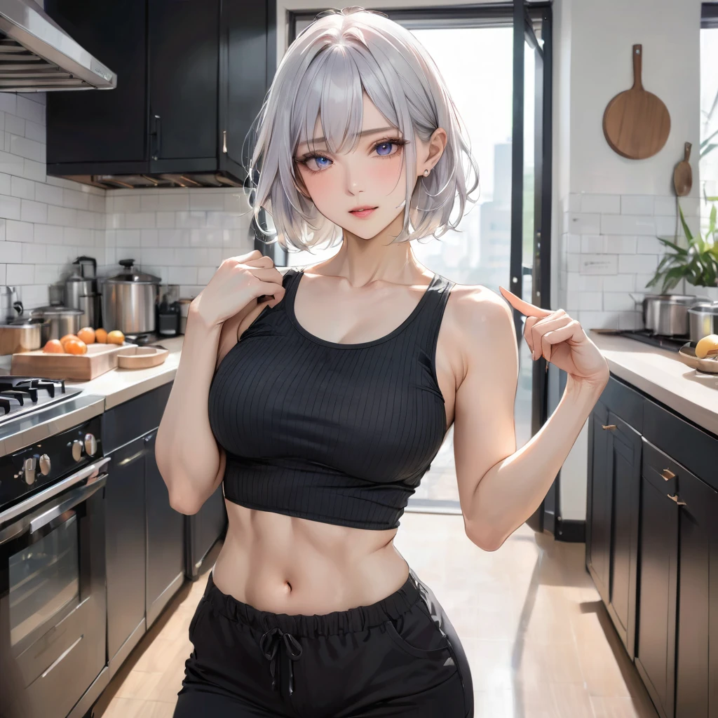 (masterpiece), best quality, expressive eyes, perfect face, Adult female, mature, tall, toned body, elf, short ears, [very short white hair], silver irises, blushing, in front of viewer, embarrassed, seductive, ribbed black tank top, black cargo pants, d-cup , highly detailed, kitchen, pointing with one hand, perfect detail, high quality, perfect irises, perfect eyes, perfect hands], [front view, looking forward, looking at me, Alone, Non-nude]+[3], 