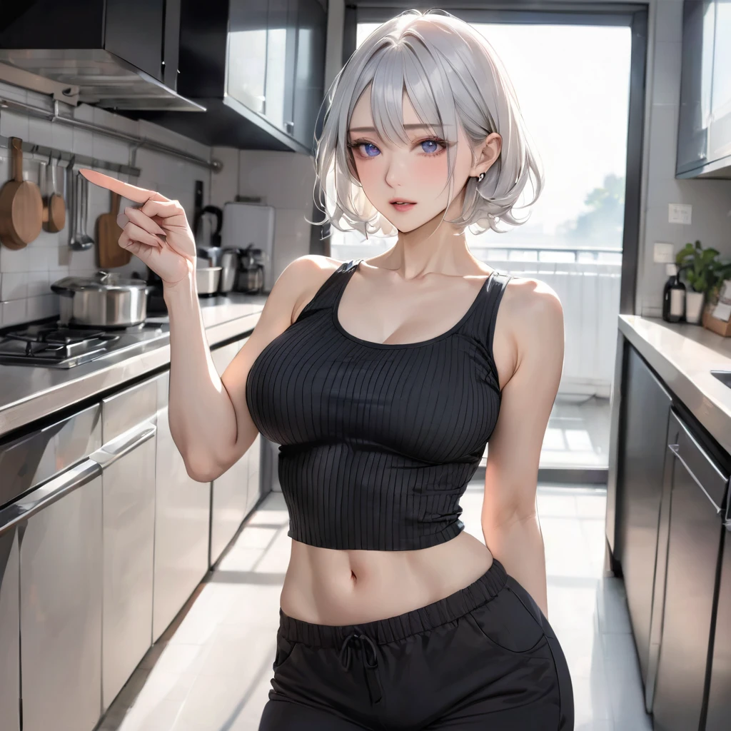 (masterpiece), best quality, expressive eyes, perfect face, Adult female, mature, tall, toned body, elf, short ears, [very short white hair], silver irises, blushing, in front of viewer, embarrassed, seductive, ribbed black tank top, black cargo pants, d-cup , highly detailed, kitchen, pointing with one hand, perfect detail, high quality, perfect irises, perfect eyes, perfect hands], [front view, looking forward, looking at me, Alone, Non-nude]+[3], 