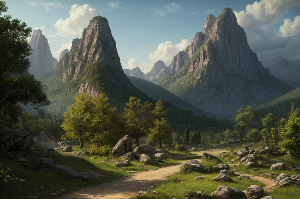 A detailed fantasy landscape, enchanted forests, majestic mountains, inspiré de Tolkien, à la manière de John Howe, digital painting, hyperrealistic, 8k, highly detailed, volumetric lighting, dramatic lighting, vibrant colors, lush vegetation, towering peaks, mystical atmosphere, cinematic composition, epic scale, intricate details, fantastical elements, photorealistic, masterpiece, forteresse militaire cachée