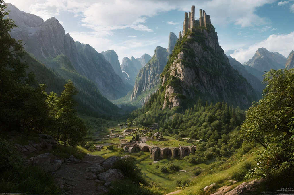 A detailed fantasy landscape, enchanted forests, majestic mountains, inspiré de Tolkien, à la manière de John Howe, digital painting, hyperrealistic, 8k, highly detailed, volumetric lighting, dramatic lighting, vibrant colors, lush vegetation, towering peaks, mystical atmosphere, cinematic composition, epic scale, intricate details, fantastical elements, photorealistic, masterpiece, forteresse militaire cachée