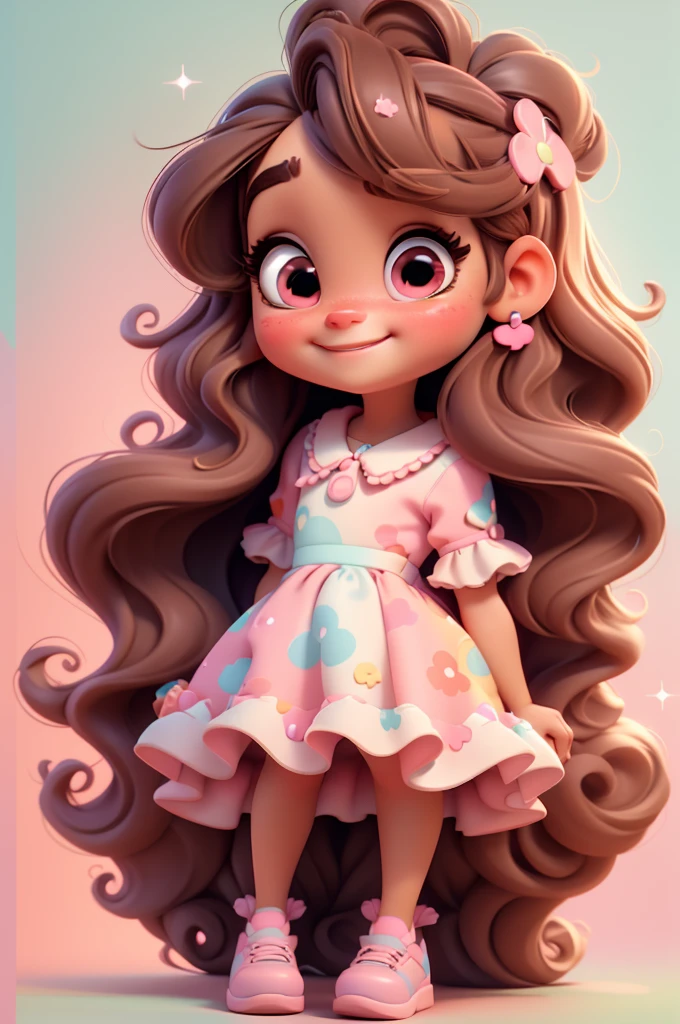 3d illustration, pixar style, baby girl ariana grande brown hair, long hair, pink bow in hair, dress aqua ciano with white dots, bright eyes look like inside out character of movie, candy colors, pastel colors, smiling, glitter, light pink shoes, exuberant