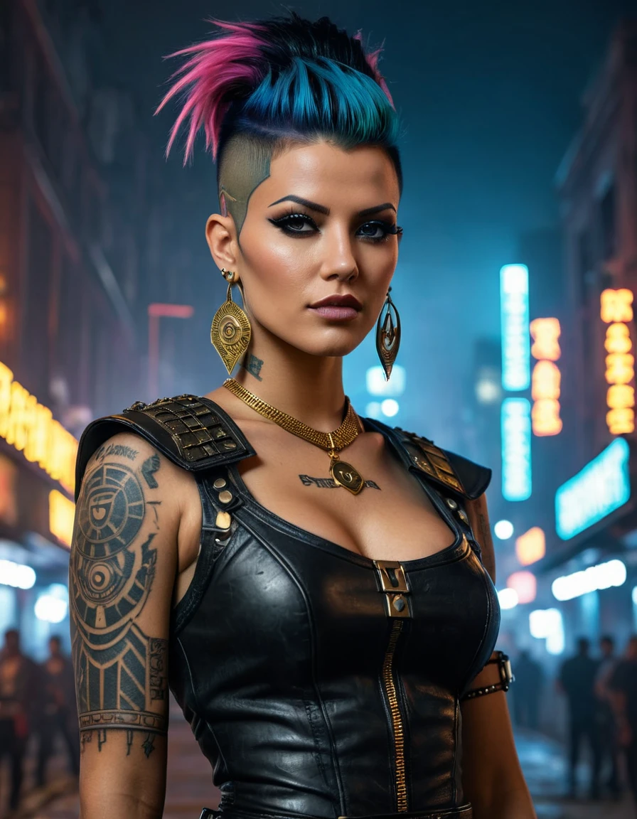(masterpiece:1.7, best quality, ultra detailed, moonlight lights ratio, ultra realistic:1.3), Cinematic lighting:0.7, full-body portrait of a Brazilian woman with a punk Wiccan (witch) style, wearing a detailed gothic dress with leather elements, adorned with Egyptian gold jewelry, piercings, and runic tattoos. Sharp focus on her face, perfect eyes:1.5, photorealistic:1.5, film grain, looking at the camera:1.3, emphasize shoulders, foggy, misty, volumetric dust, key light, ray tracing, film grain ISO 800, 16 mm lens, RAW f1.8 aperture, analog photography, HDR colors, (cyberpunk cityscape:1.5), neon lights, futuristic buildings, (deep depth of field:1.3), complex and out-of-focus background, vibrant colors, dark, elegant, and intimidating atmosphere, (Brazilian ethnicity:1.5), (punk elements:1.5), (leather clothing:1.5), (sensual pose:1.2), (piercings:1.3), (runic tattoos:1.3), (detailed gothic dress:1.5), (Egyptian gold jewelry:1.5), (cyberpunk elements:1.5), (city at night:1.3), (high-tech gadgets and architecture:1.3), (neon signs and lights:1.3), (moody and atmospheric:1.3), (EULER A method)

