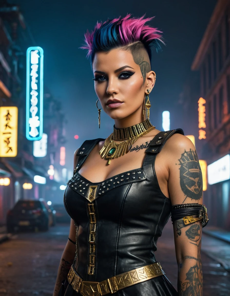 (masterpiece:1.7, best quality, ultra detailed, moonlight lights ratio, ultra realistic:1.3), Cinematic lighting:0.7, full-body portrait of a Brazilian woman with a punk Wiccan (witch) style, wearing a detailed gothic dress with leather elements, adorned with Egyptian gold jewelry, piercings, and runic tattoos. Sharp focus on her face, perfect eyes:1.5, photorealistic:1.5, film grain, looking at the camera:1.3, emphasize shoulders, foggy, misty, volumetric dust, key light, ray tracing, film grain ISO 800, 16 mm lens, RAW f1.8 aperture, analog photography, HDR colors, (cyberpunk cityscape:1.5), neon lights, futuristic buildings, (deep depth of field:1.3), complex and out-of-focus background, vibrant colors, dark, elegant, and intimidating atmosphere, (Brazilian ethnicity:1.5), (punk elements:1.5), (leather clothing:1.5), (sensual pose:1.2), (piercings:1.3), (runic tattoos:1.3), (detailed gothic dress:1.5), (Egyptian gold jewelry:1.5), (cyberpunk elements:1.5), (city at night:1.3), (high-tech gadgets and architecture:1.3), (neon signs and lights:1.3), (moody and atmospheric:1.3), (EULER A method)
