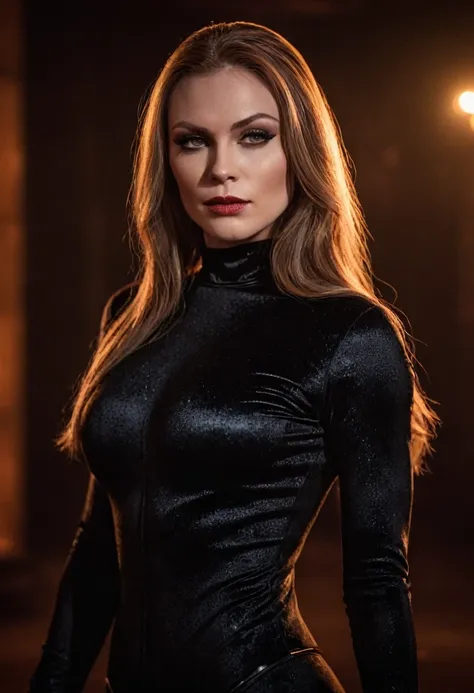 beautiful evil slavic muscular woman, pale skin, long dark blond hair, photo, halloween skin - catwoman, in club, velvet black s...