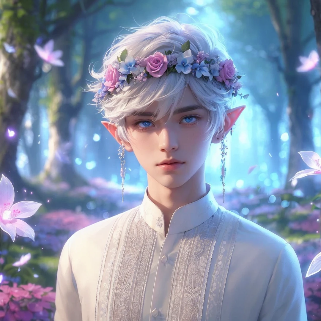 Handsome boy, white hair, blue eyes, wearing pink and light blue flower crown, wearing white barong tagalog, elf ear, "surrounded by light blue, pink, and purple light, magic forest background