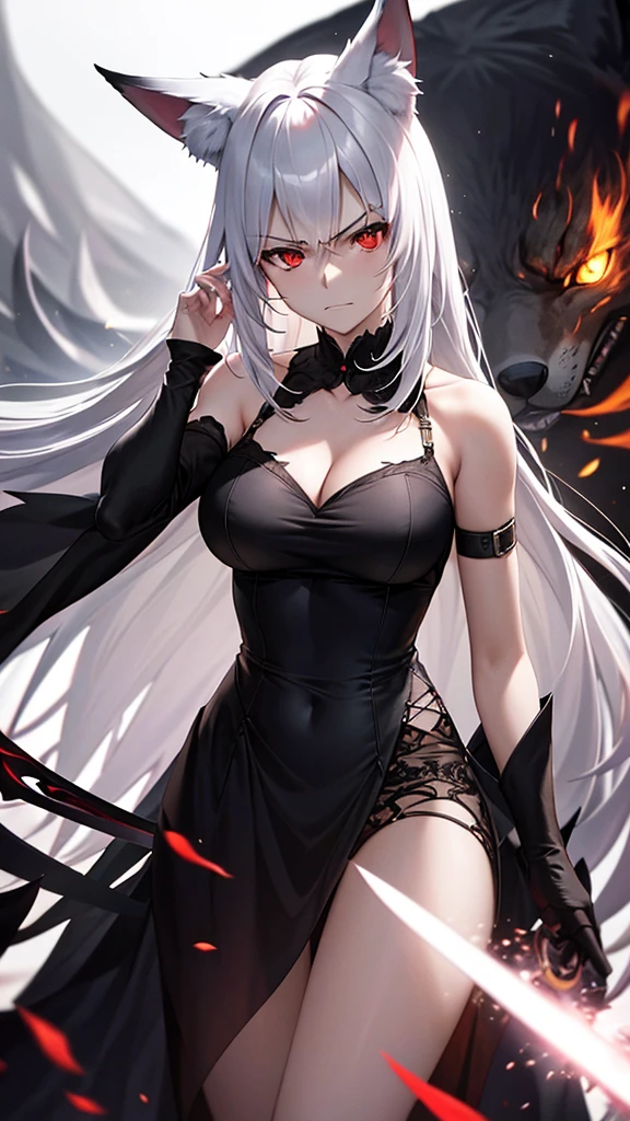 An adult woman half fox and wolf, wide breasts, red eyes, white hair, very angry, in a black little open dress, holding a sword